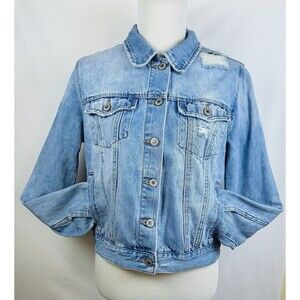 Forever 21 Jean Jacket Womens L Blue Denim Distressed Light Wash Button Front